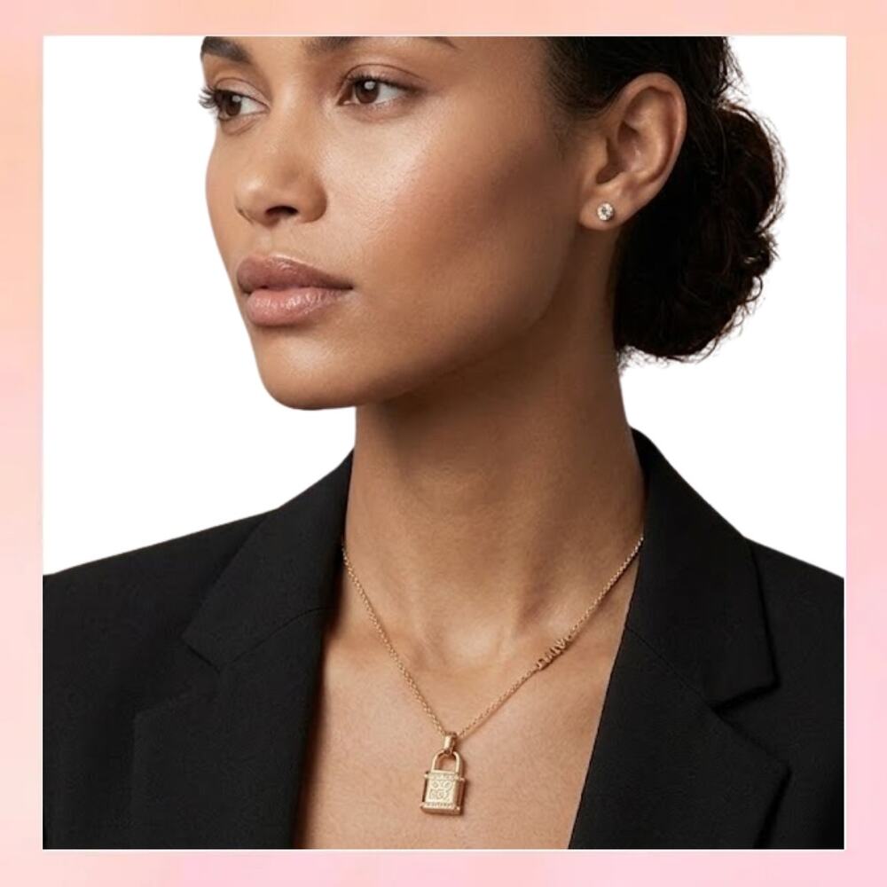 DKNY Gold Tone Padlock Pendant Necklace & Solitaire Stud Earrings Set NIB